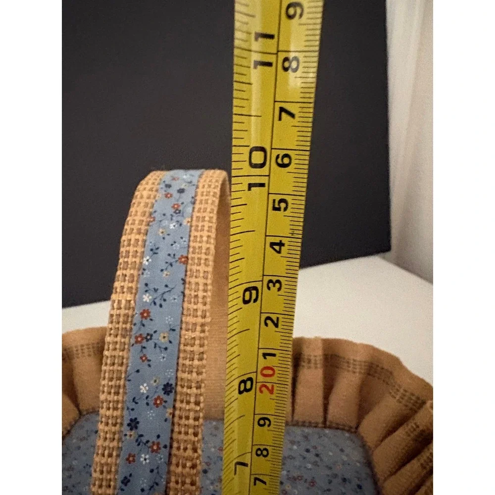 VTG Handmade Burlap Basket Farmhouse Primitive Rustic Tan Blue Floral Handle
